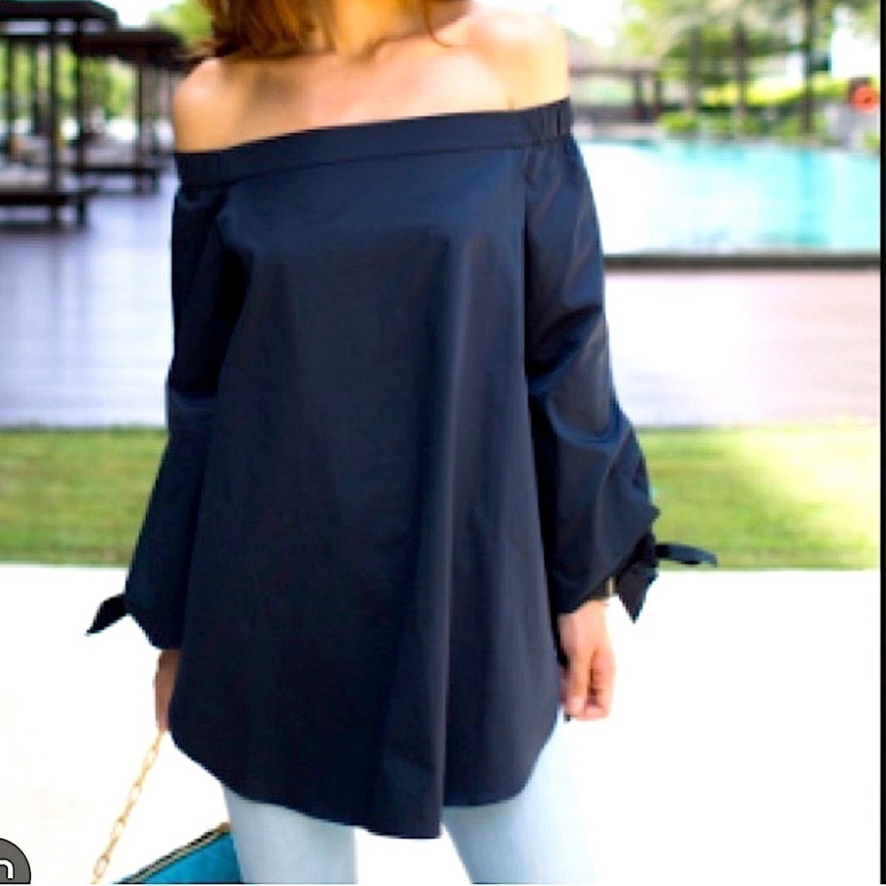 Tibi Denim Blue Off Shoulder Oversized Top 2 Satin Sheen Tie Sleeve Coastal Boho